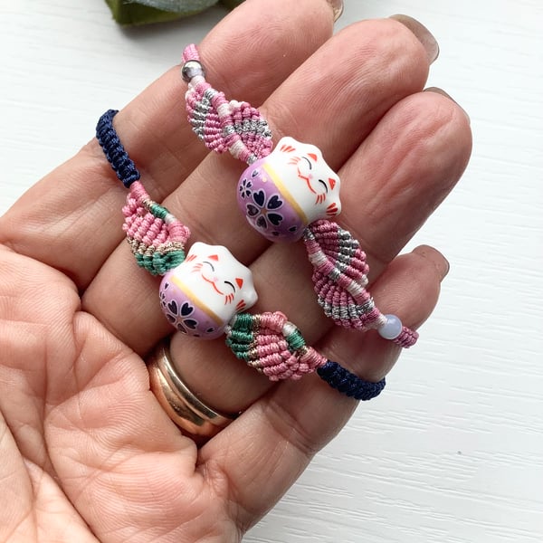 A pair Handmade Lucky Cat Bracelets – Unique Gift Set twins, good friends