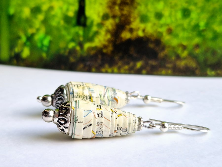 Paper beaded drop earrings made from an old OS map of Banbury