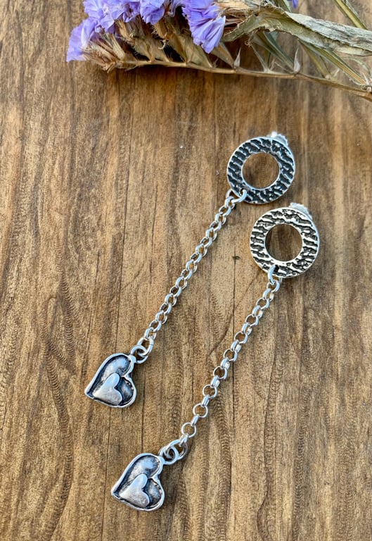 Antique Silver Heart Drop Earrings, Long Chain Dangle Earrings