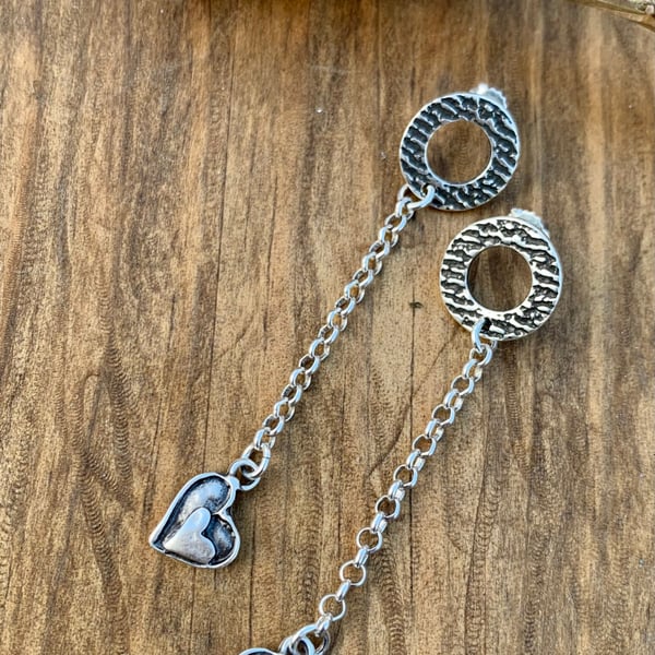 Antique Silver Heart Drop Earrings, Long Chain Dangle Earrings