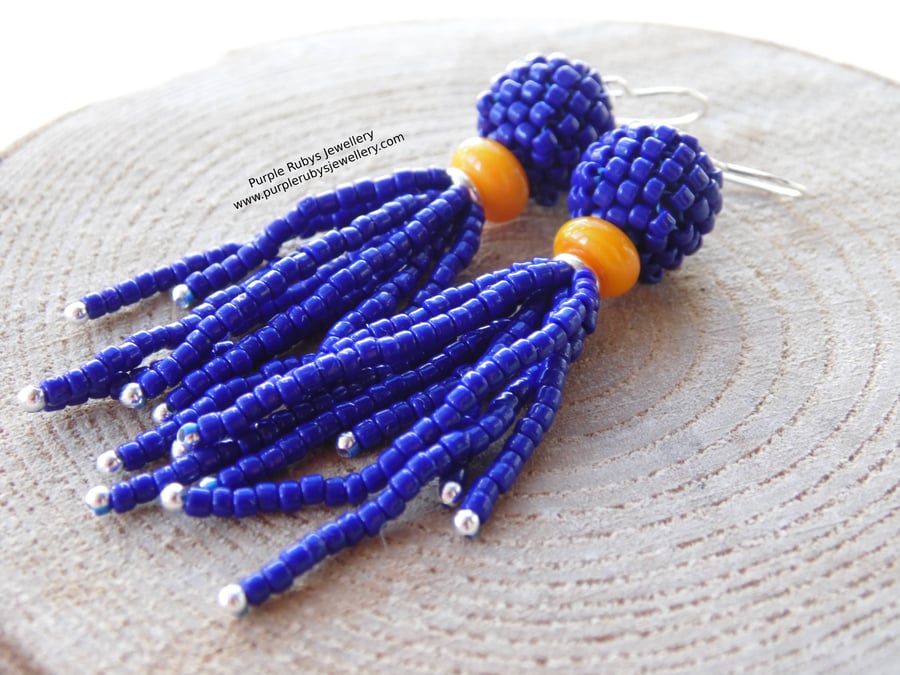 Tassel Beaded Earrings in Cobalt & Orange E579