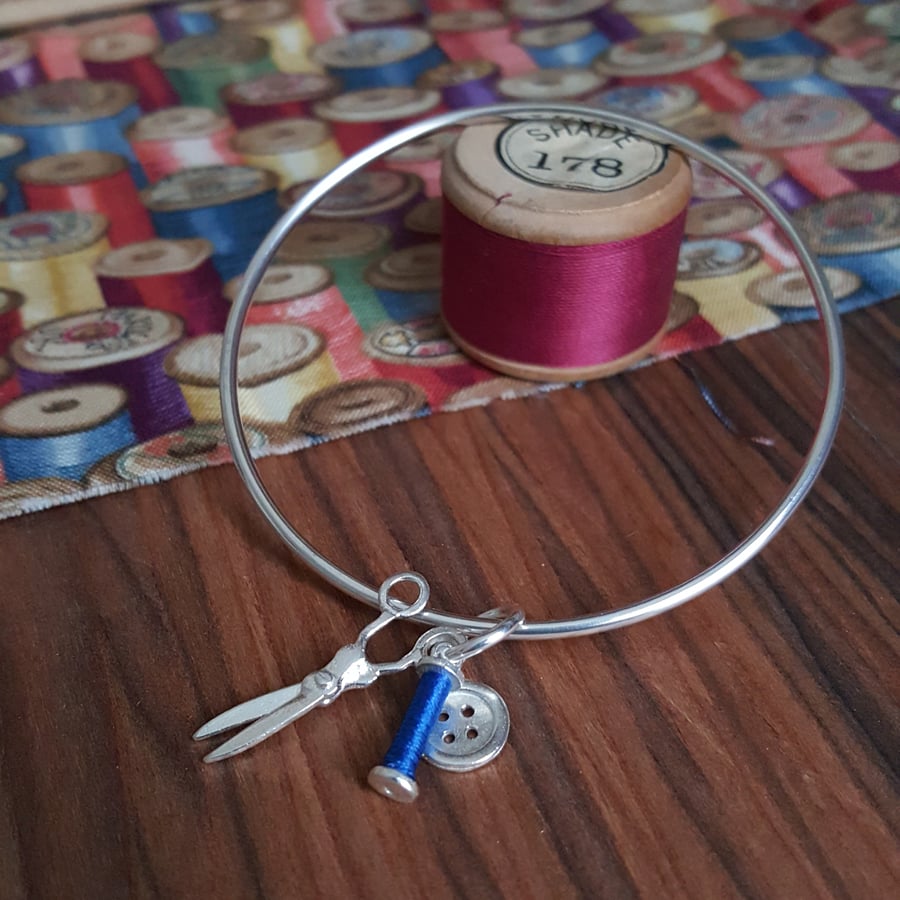 Sewing Bracelet with Silver Scissors, Bobbin & Button Charms