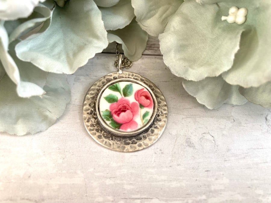 Broken China Pendant Necklace - Pink Rose Pattern - Boho Style