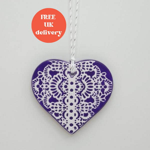 Clay heart hanging decoration, textured lace love heart anniversary gift idea 