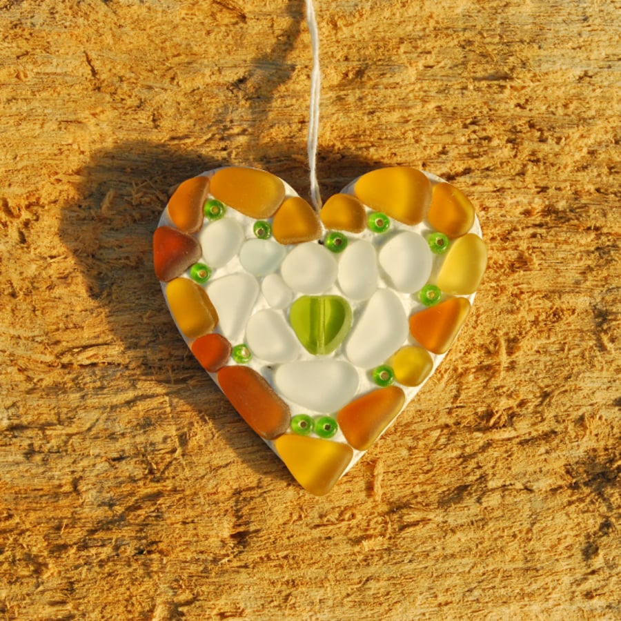 Brown and olive beach glass heart