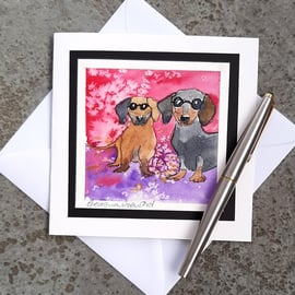 Card. Double Dachsund Sausage Dogs in Sunglasses. Handpainted Watercolour