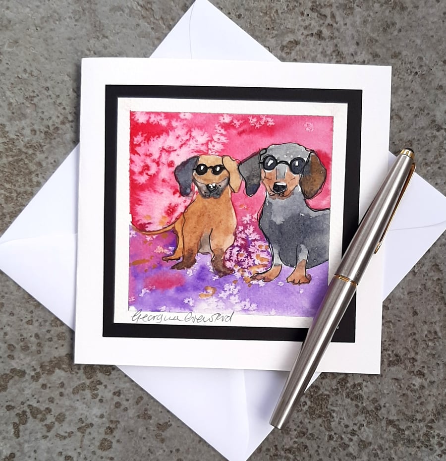 Card. Double Dachsund Sausage Dogs in Sunglasses. Handpainted Watercolour