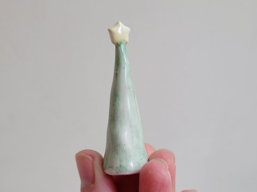 Little green pottery Christmas tree with star handmade ornament cake topper 