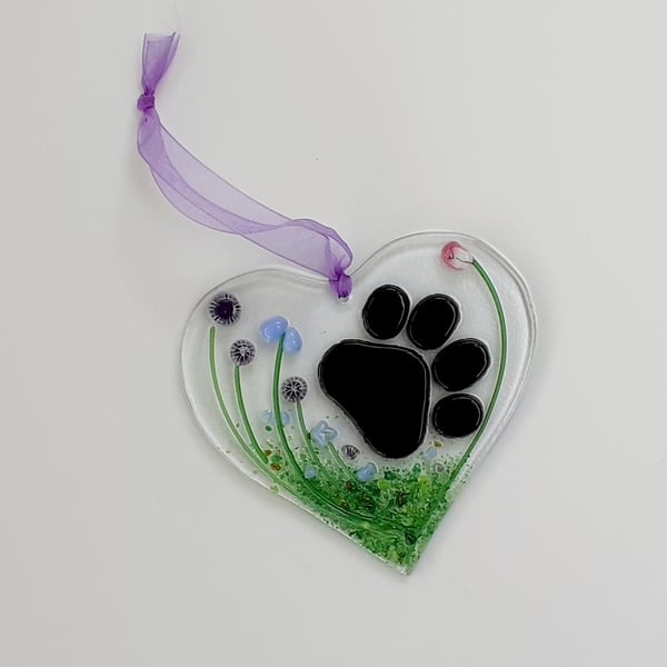 Fused glass hanging heart pet paw print memorial decoration, purple
