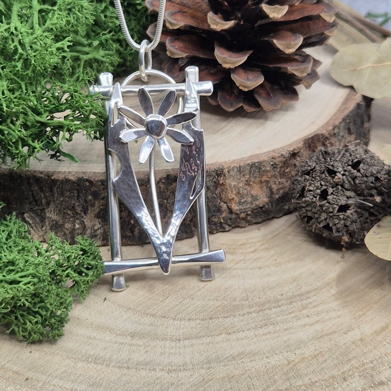 Sterling Silver Framed Single Flower Necklace - Statement OOAK (Hallmarked) 016