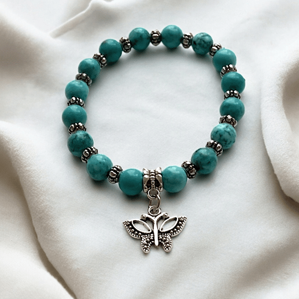 Turquoise Gemstone, Antique spacers and Butterfly Charm Bracelet