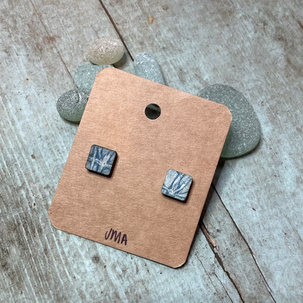 Square shape wooden print stud earrings handmade