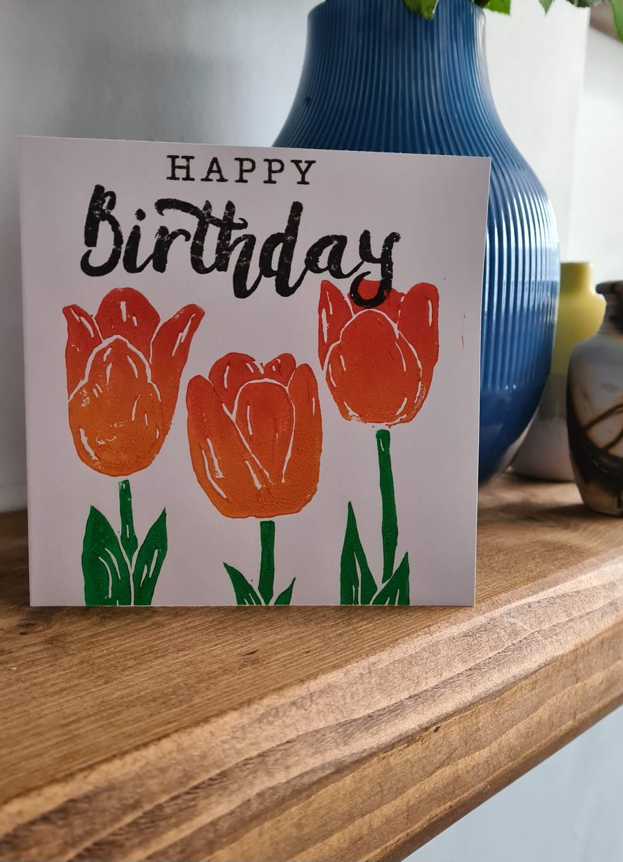 Red or orange tulip birthday card handprinted