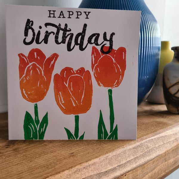 Red or orange tulip birthday card handprinted