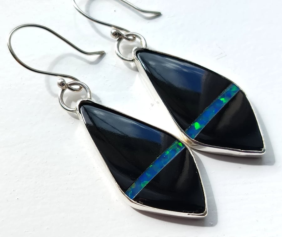 Onyx & Cultured Opal Earrings Sterling Silver Jewellery Gift Gemstone Manmade