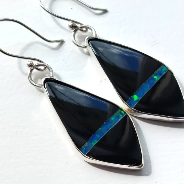 Onyx & Cultured Opal Earrings Sterling Silver Jewellery Gift Gemstone Manmade