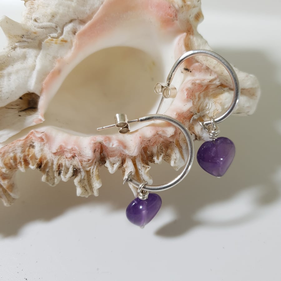 Sterling Silver Hoop Earrings With Removable  Amethyst Heart Charm Free UK PP