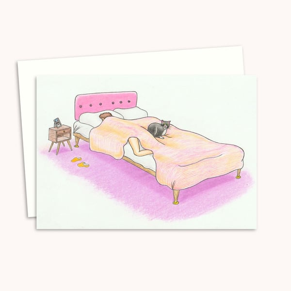 Cute Cat Greeting Card - Cosy Bed Cat Illustration - Blank Inside