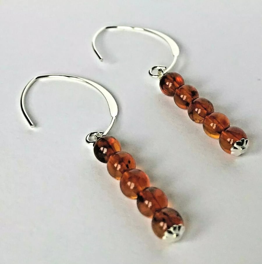 Cognac Baltic Amber Earrings on Sterling Silver V-shaped ear wires
