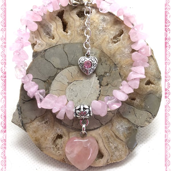 OOAK Rose Quartz Heart bangle style bracelet. 