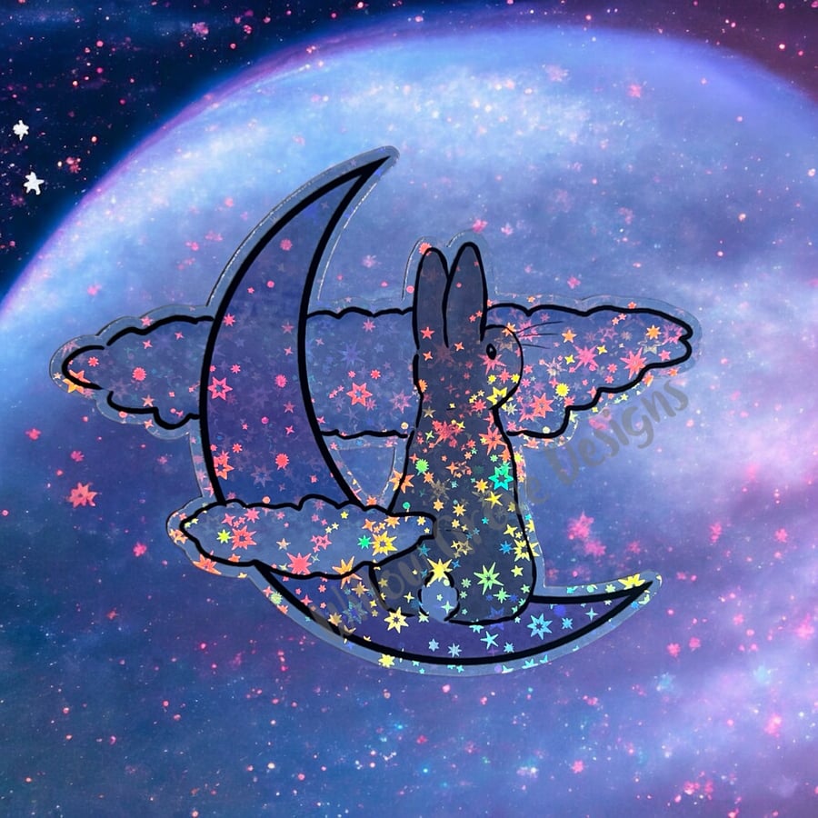 Starry holo Bunny sat on moon bunny sticker large