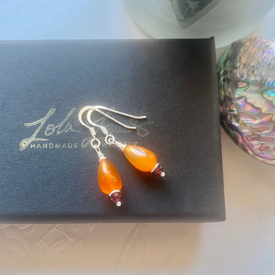 Natural Carnelian and Garnet sterling silver earrings