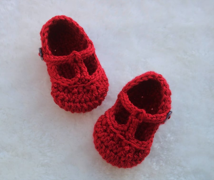 Red Baby Shoes, Traditional T-Strap Style, Sizes Newborn - 12 Months