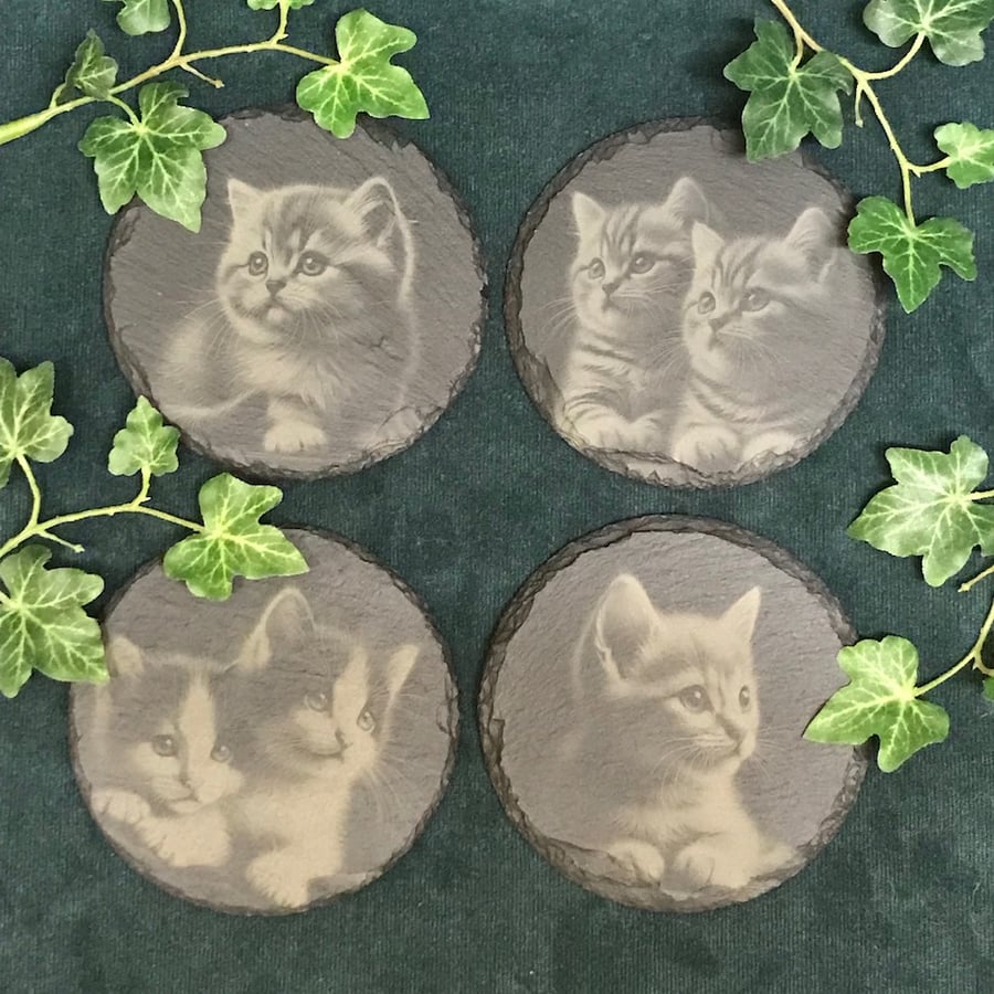 Single or sets -Cute kittens slate coasters, cat lovers, laser engraved
