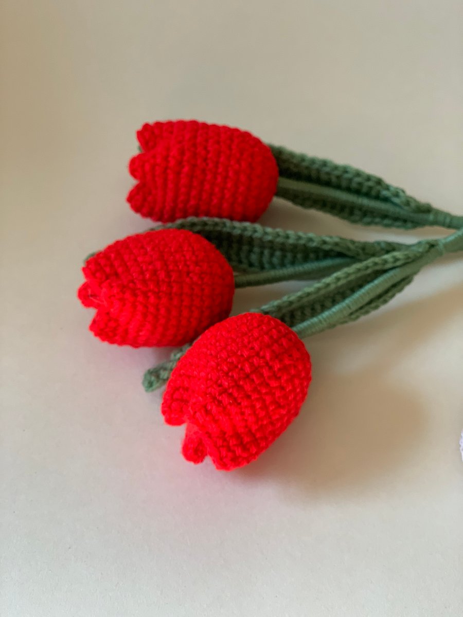  Red crochet tulips, Spring flowers, tulip bouquet 
