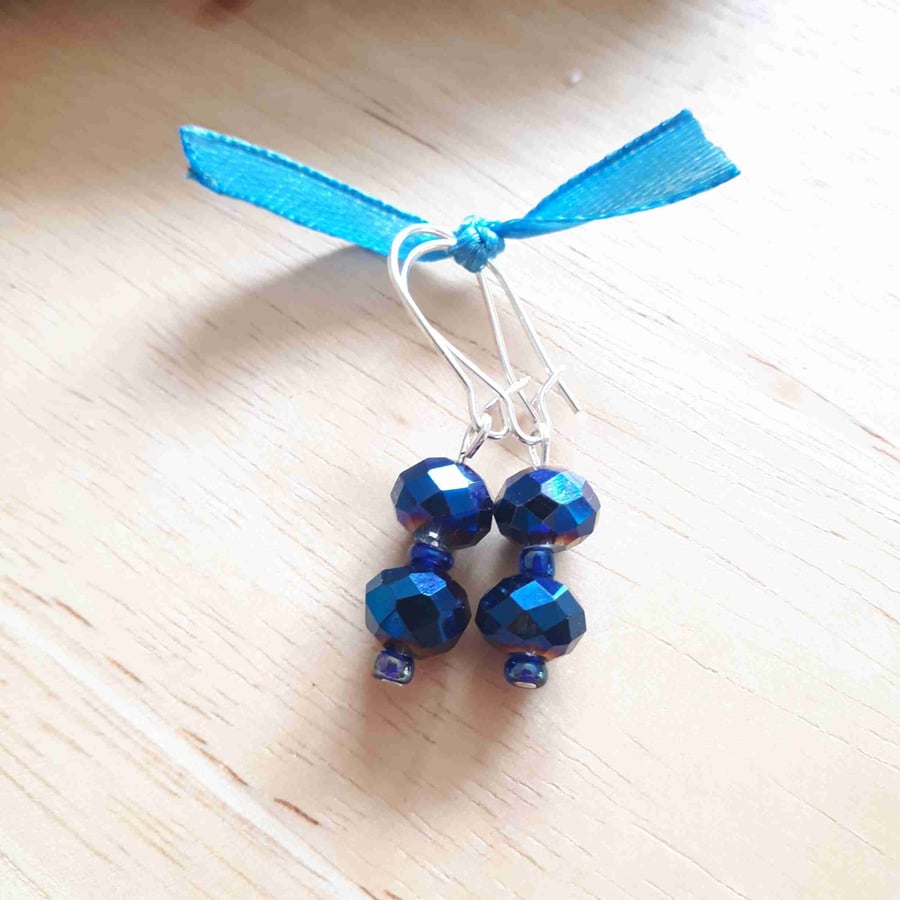 Blue Glass Beaded Earrings Kidney Hooks ,B69