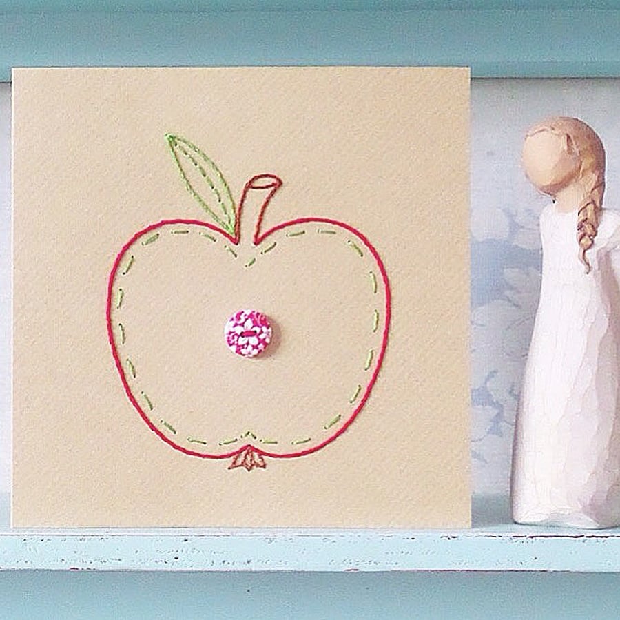 Apple Card. Hand Sewn Card. Birthday Card. Mothers Day Card. Teachers Card. 