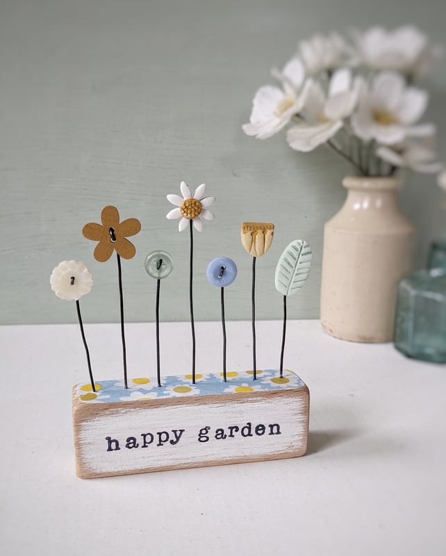 Clay and Button Flower Garden in a Wood Block 'happy garden '