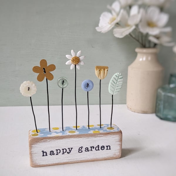 Clay and Button Flower Garden in a Wood Block 'happy garden '