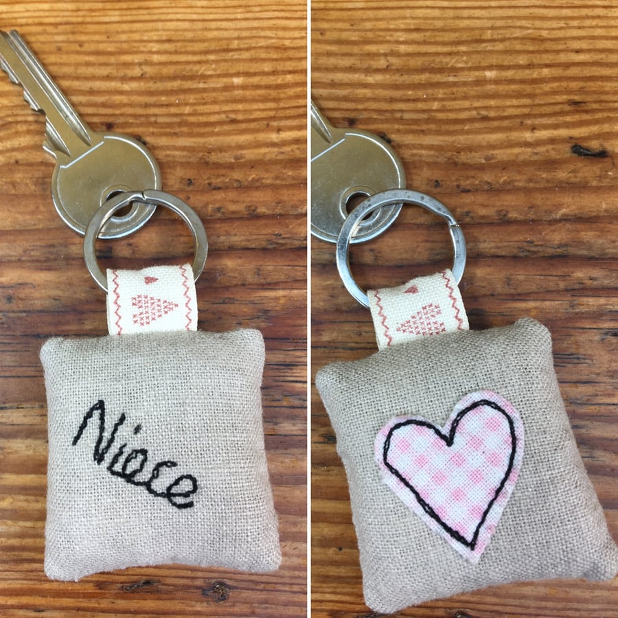 Niece key ring - handmade linen & lavender keyring - pink gingham heart 