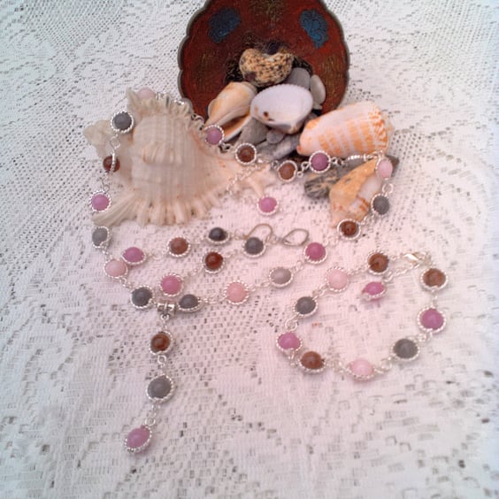 Pastel Coloured Agate Beads in Silver Plated Frames Jewellery Set, Gift for Her