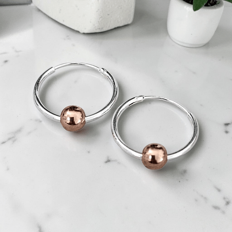 Sterling Silver Hoop Earrings Rose Gold Vermeil Bead Hoop Earrings 