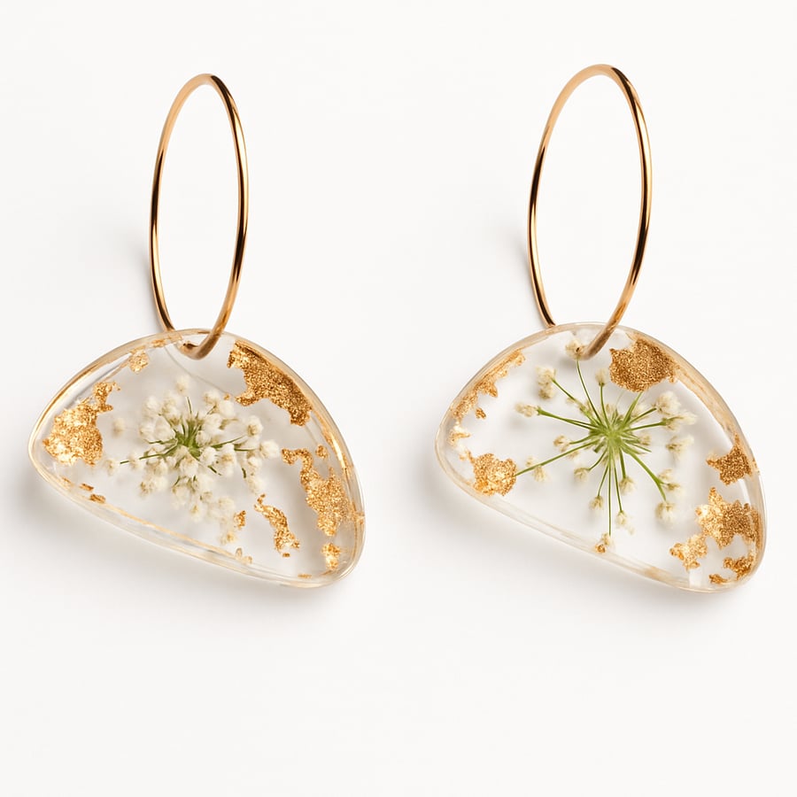 White Flower Resin Dangle Earrings with Gold Leaf – Botanical Hoop Jewellery 