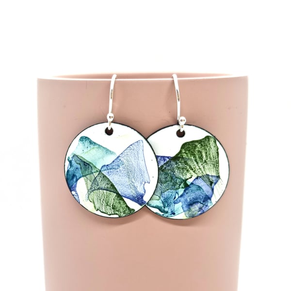 Abstract Colour enamel round drop earrings - white, blue, green