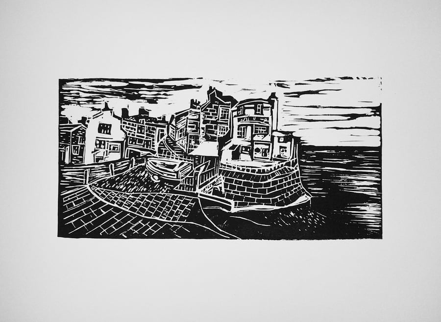 Monchrome Linocut Print Robin Hood's Bay, near Whitby