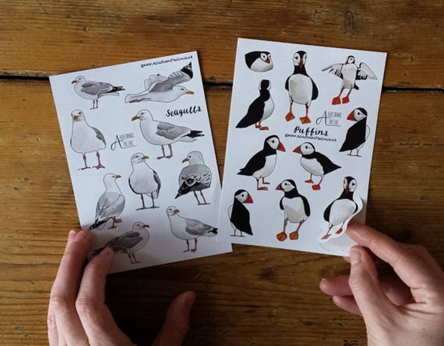 Puffin or Seagull sticker sheets by Alice Draws The Line; great for children's b
