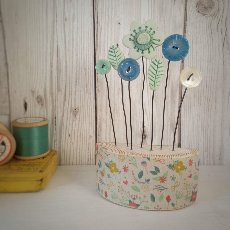 Clay and Button Flower Garden in a Floral Wood Block 