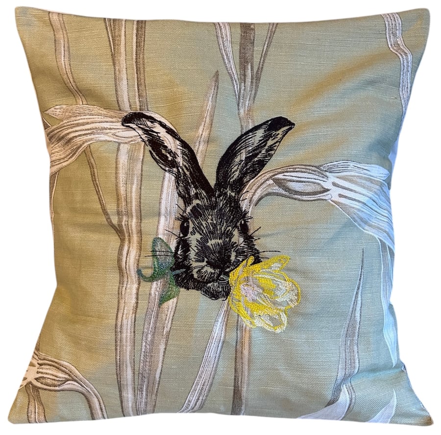 Rabbit Embroidered Cushion Cover 18”x18”, Gift Idea
