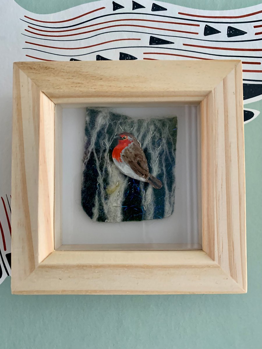 Polymer clay and  hand felted robin in a shadow box