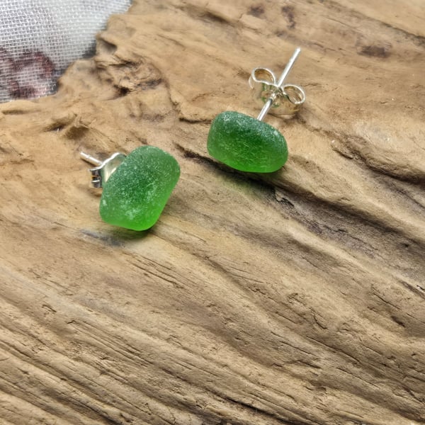 Green sea glass earrings, small sea glass earrings, seaglass stud earrings, 