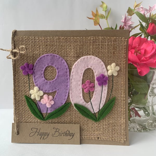 Handmade 90th Birthday Card from felt. Keepsake Card. Textile card.