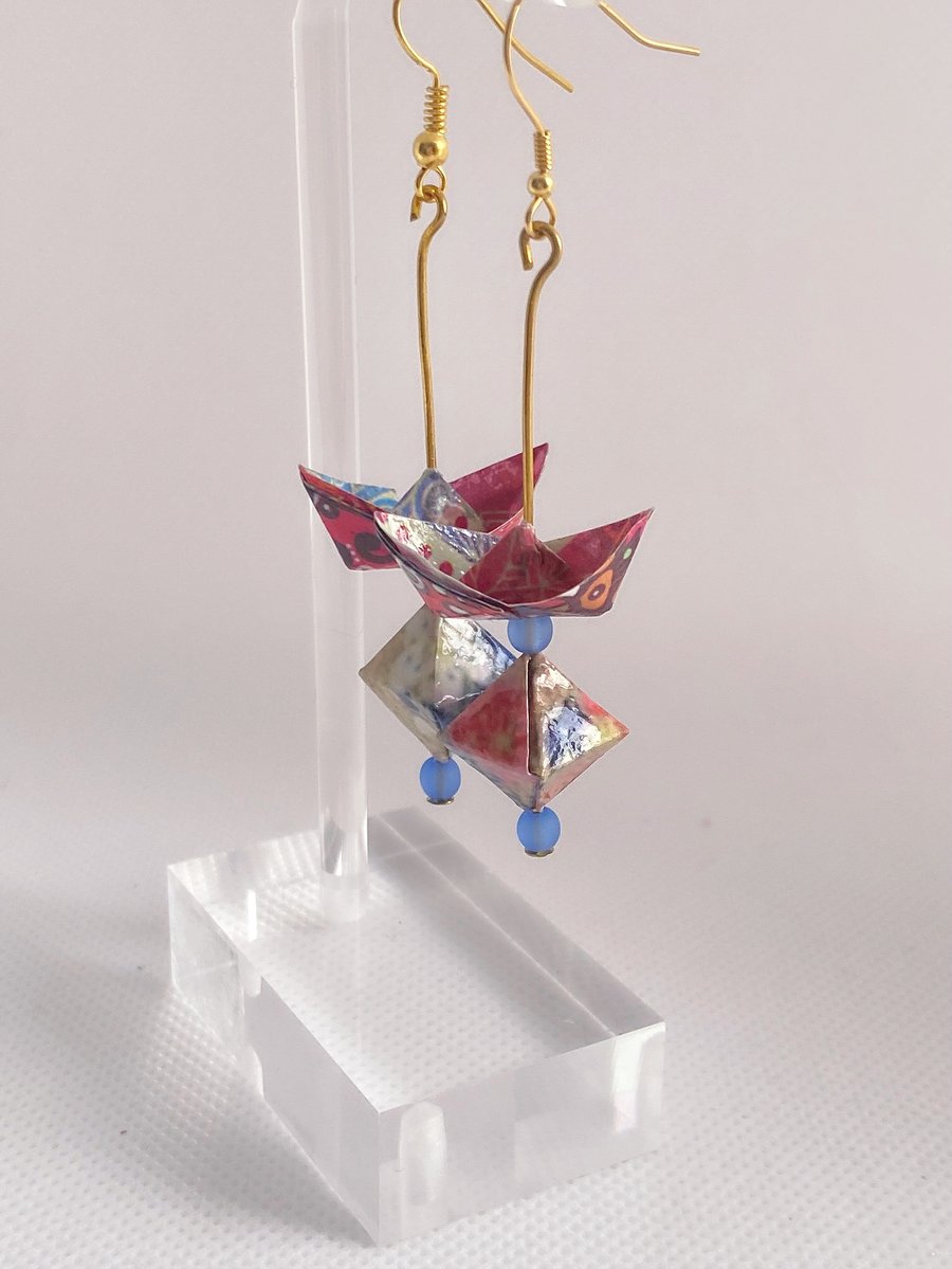 Paper Boat with Diamond Earrings, Origami Earrings, Earrings with Bead