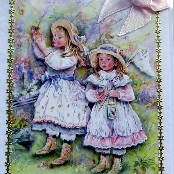 Hand Crafted 3D Decoupage Card "Sisters" Blank (2401)