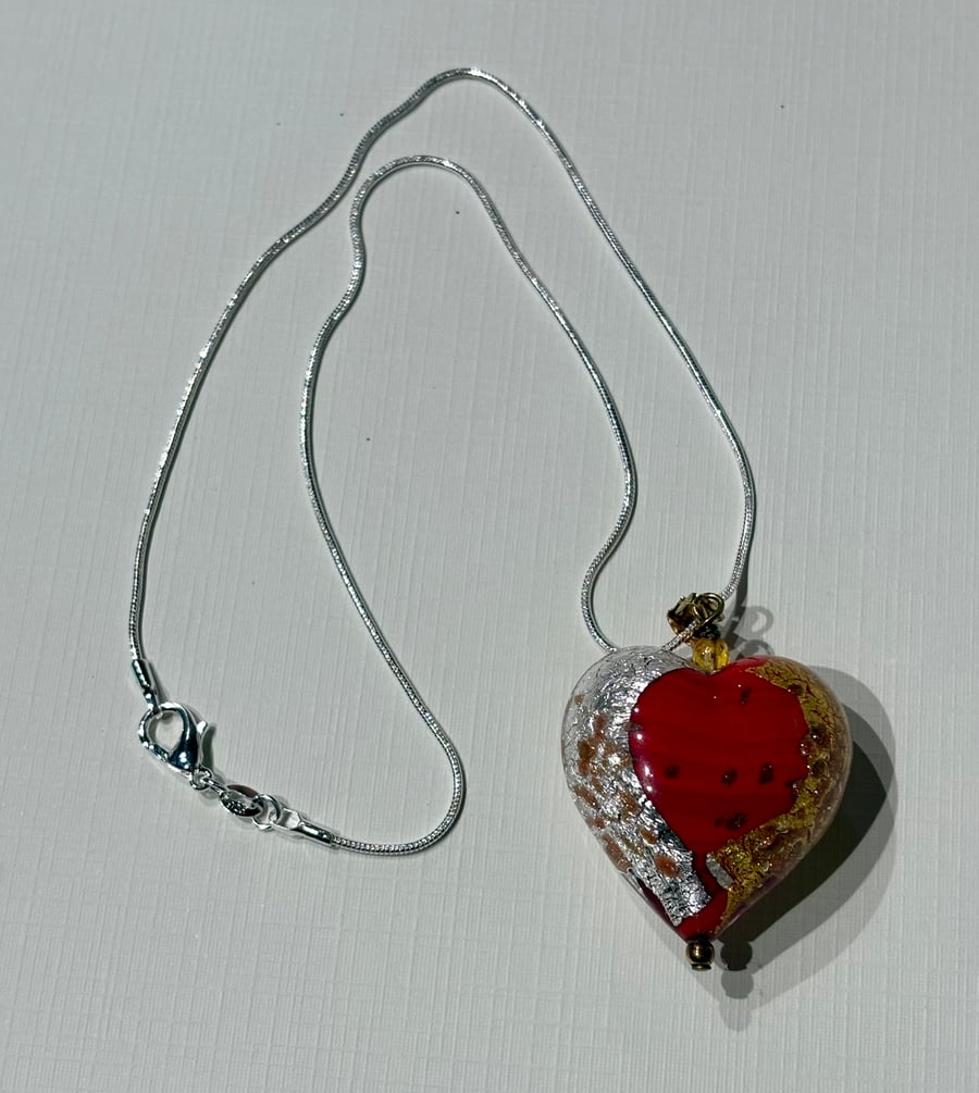 Authentic Red Murano Glass Heart Necklace with Gold Leaf
