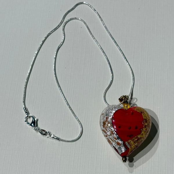 Authentic Red Murano Glass Heart Necklace with Gold Leaf