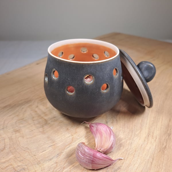 CERAMIC GARLIC POT - glazed in charcoal and burnt orange